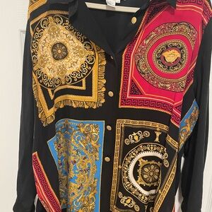 Diane Gilman Black and Gold Baroque Print Button Down Shirt